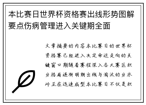 本比赛日世界杯资格赛出线形势图解要点伤病管理进入关键期全面 本比赛日世界杯资格赛出线形势图解要点伤病管理进入关键期全面