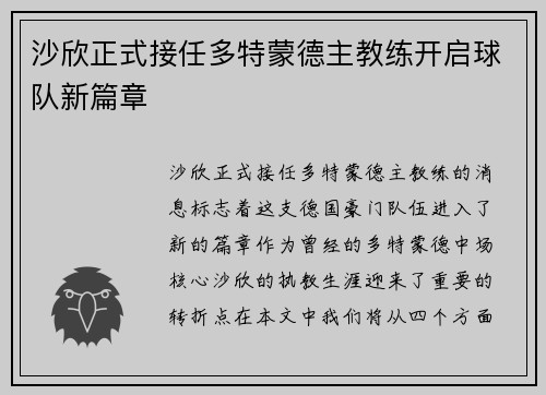 沙欣正式接任多特蒙德主教练开启球队新篇章
